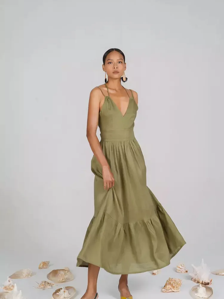 Ano ang espesyal sa Lady Deep V-neck Long Casual Linen Dress na espesyal?