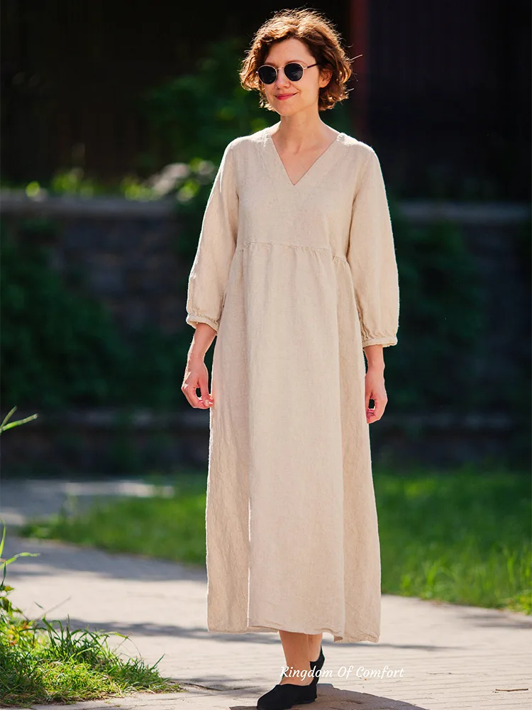 Long Sleeve na Kaswal na 100% Linen na Dress