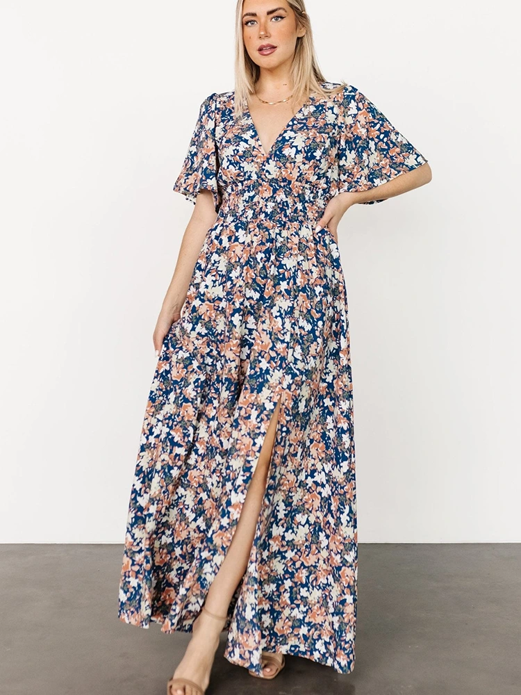 Naka-print na Floral Chiffon V-Neck na Maikling Manggas na Maxi Dress