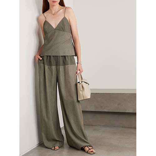Pinasadyang Olive Pinstripe Cami at Wide-Leg Pants Set